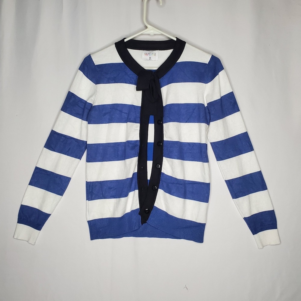 Compania Fantastica Women Cardigan Medium Rugby Stripe‎ Bow Nautical Retro Prep